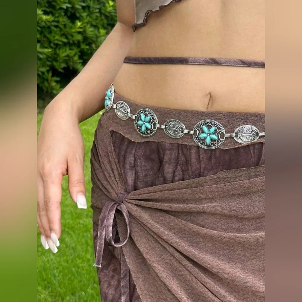 Turquoise Silver Color Vintage Carved‎ Flower Style, Waist Chain Belt